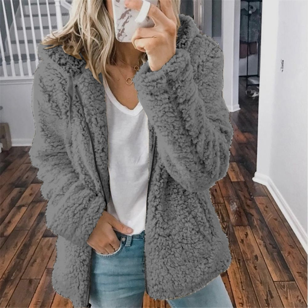 Women's Hooded Sherpa Fleece Jacket With Zip Front