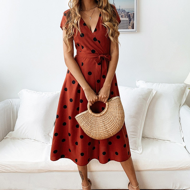 Damen-Midikleid mit Polka-Dots und Wickeldesign mit Taillenschleife