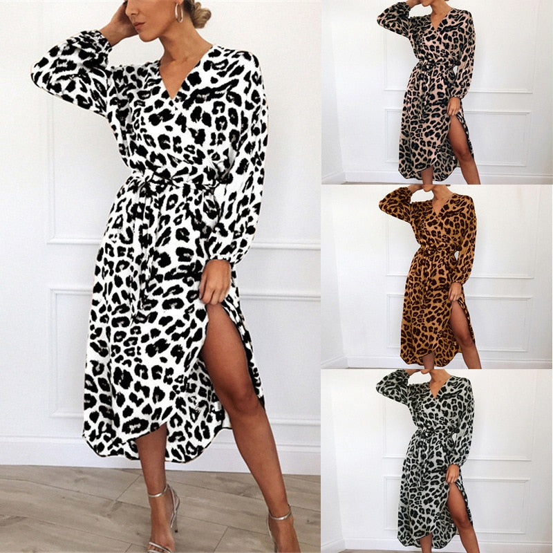 Women's Leopard Print Wrap Midi Dress With Tie Waist