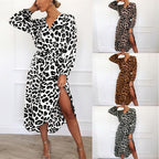 Women's Leopard Print Wrap Midi Dress With Tie Waist
