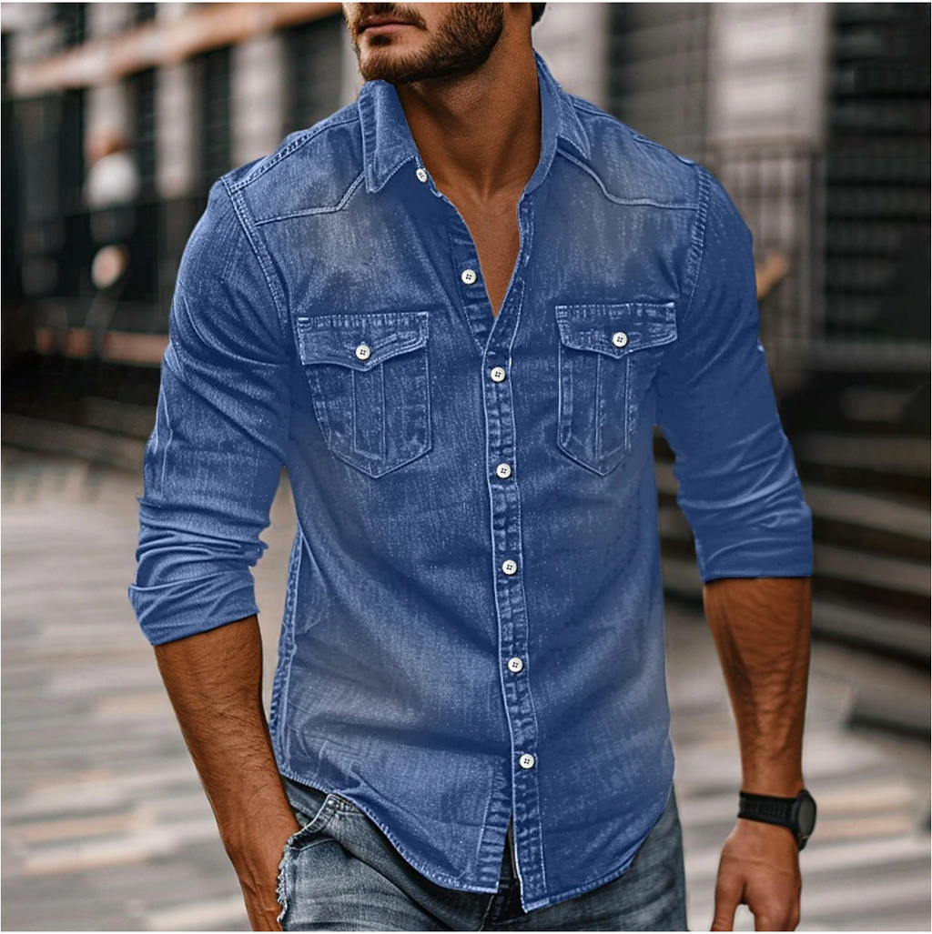 Men's Long-Sleeve Denim Style Shirt with Chest Pockets for Everyday Wear