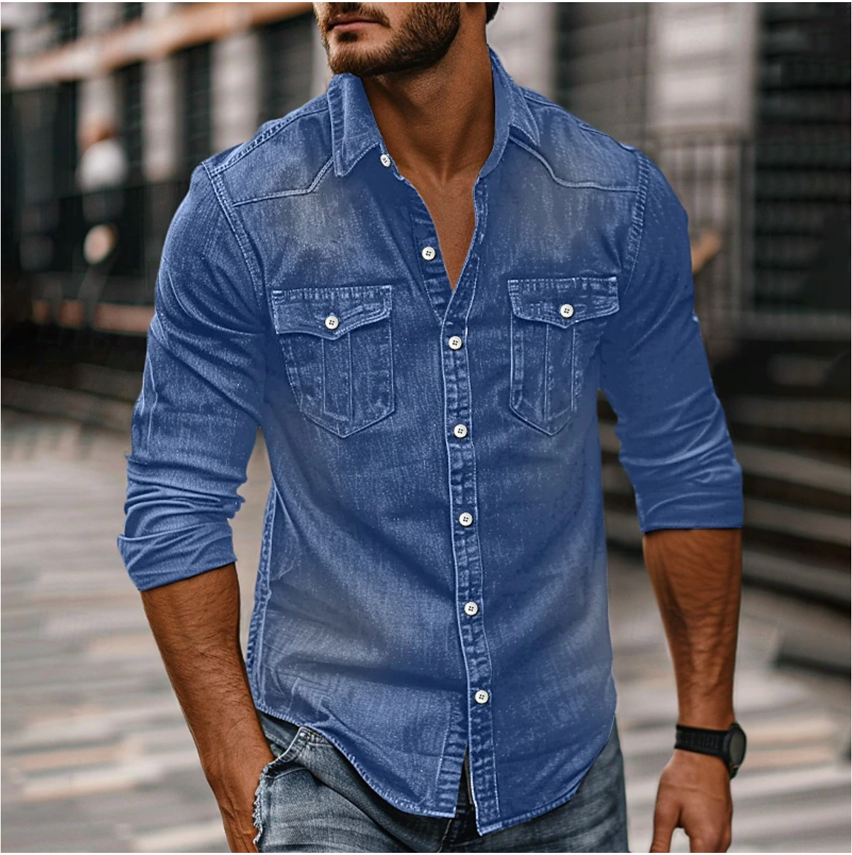 Men's Long-Sleeve Denim Style Shirt with Chest Pockets for Everyday Wear