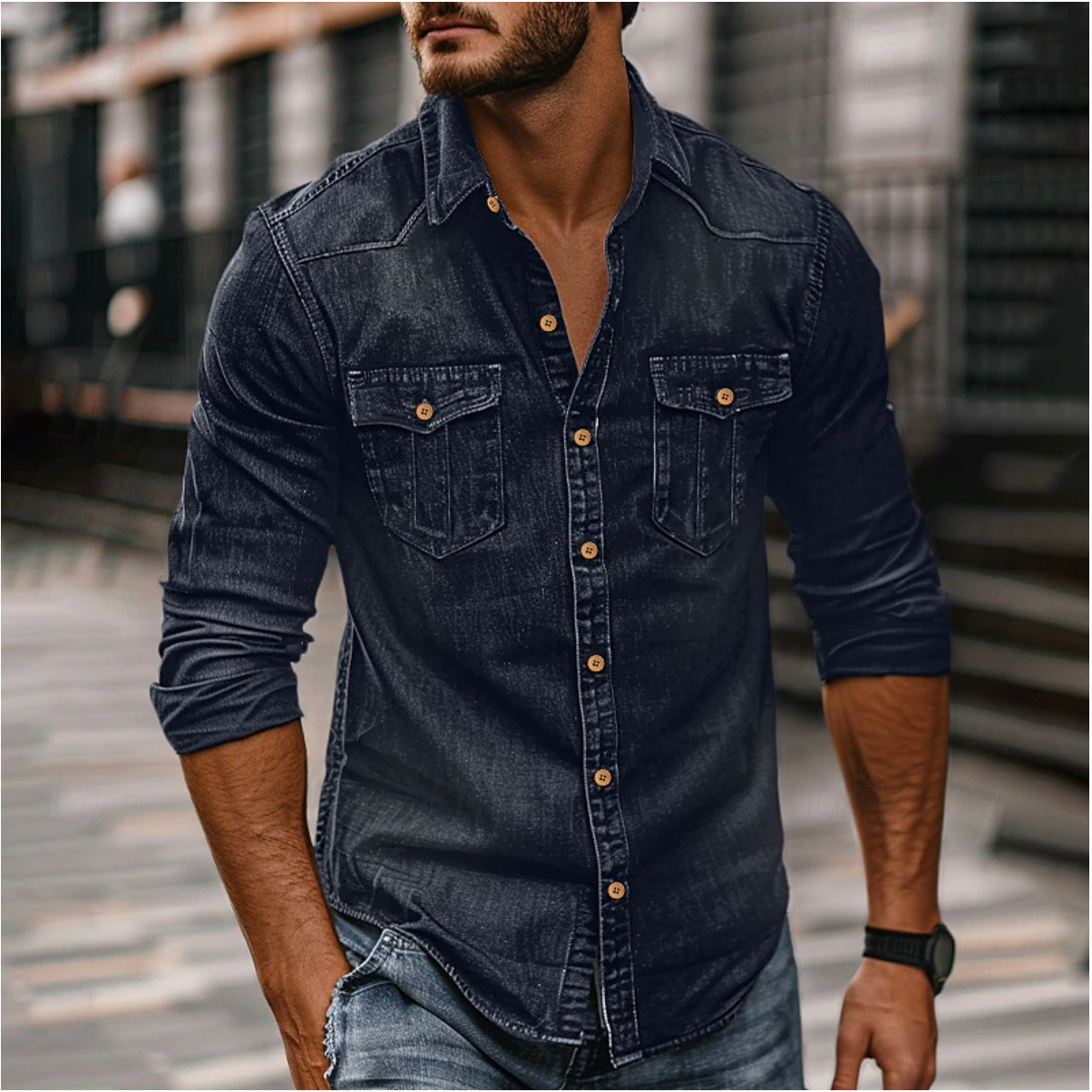 Men's Long-Sleeve Denim Style Shirt with Chest Pockets for Everyday Wear