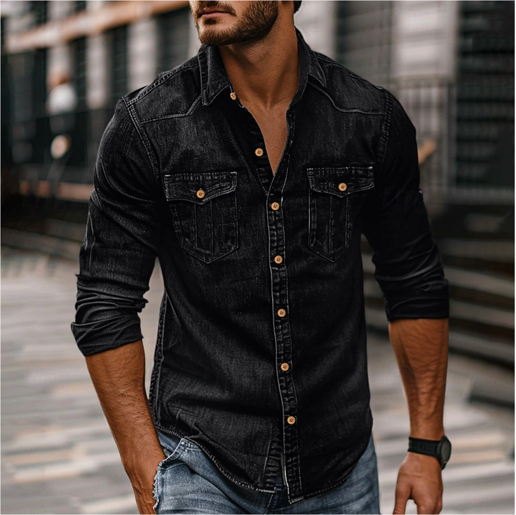 Men's Long-Sleeve Denim Style Shirt with Chest Pockets for Everyday Wear