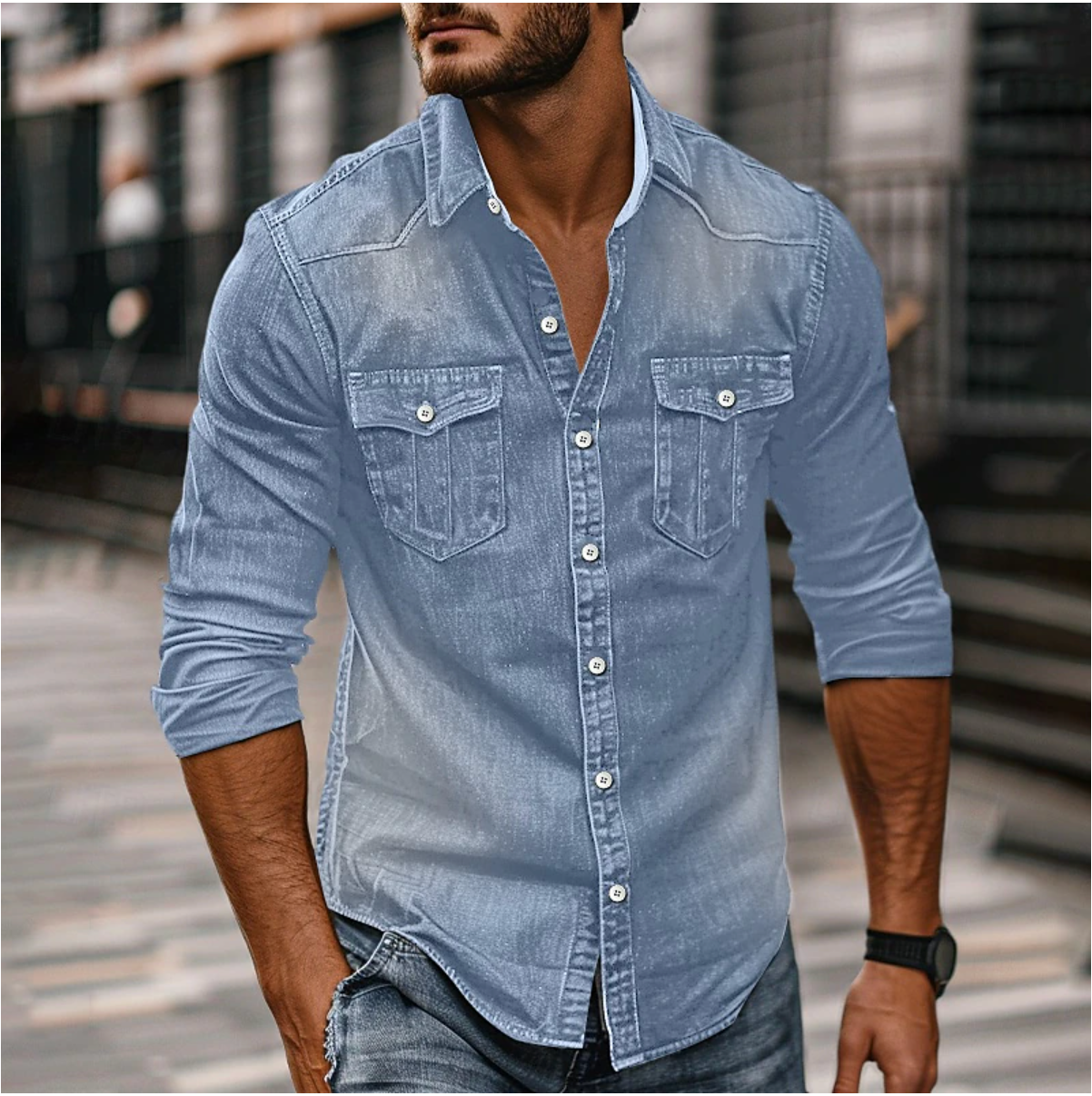 Men's Long-Sleeve Denim Style Shirt with Chest Pockets for Everyday Wear