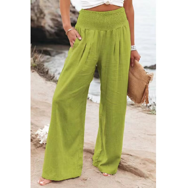 Damenhose mit gerafftem Bund, hoher Taille und weitem Bein, locker und fließend geschnitten