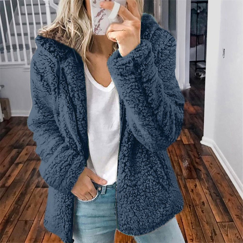 Women's Hooded Sherpa Fleece Jacket With Zip Front