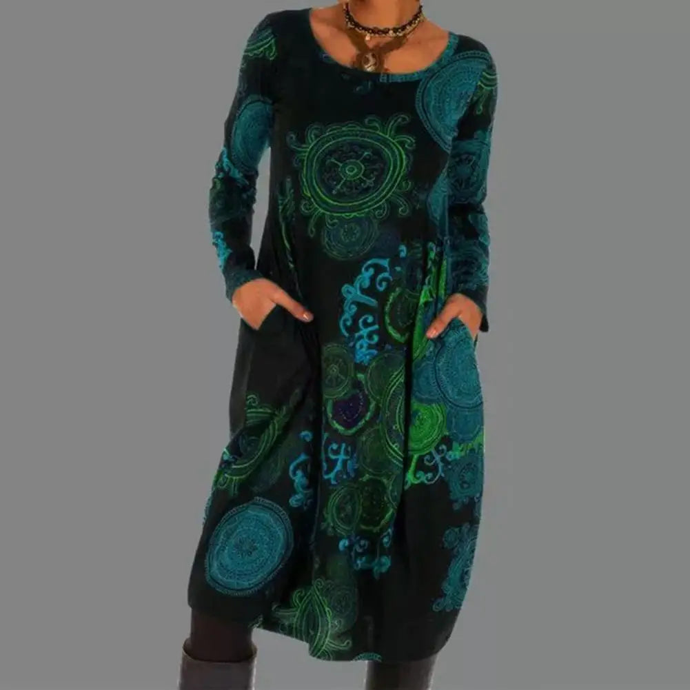 Women's Bohemian Midi Dress with Mandala Print and Long Sleeves for Elegant Style
