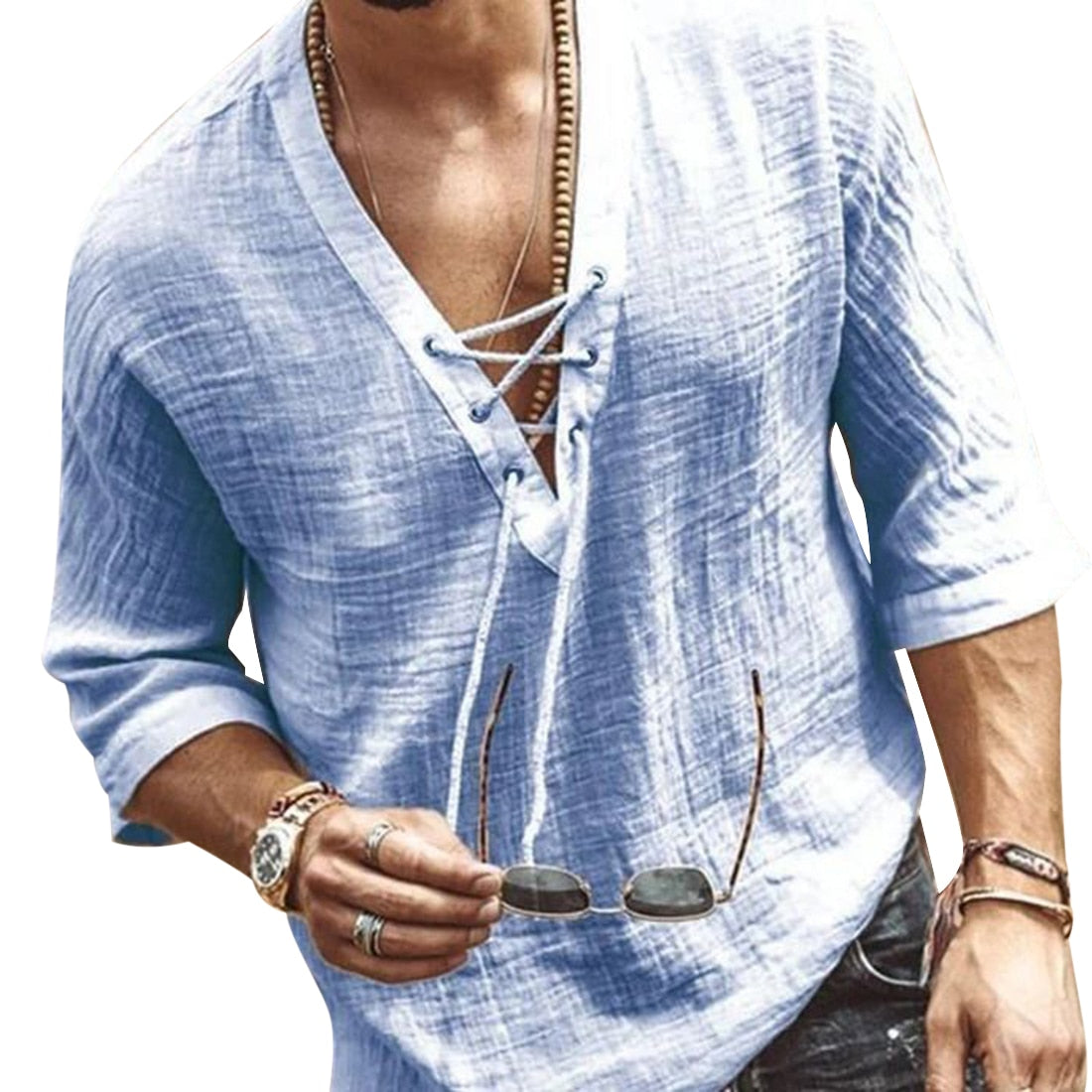 Men's Lace-Up V-Neck Casual Shirt with Relaxed Fit