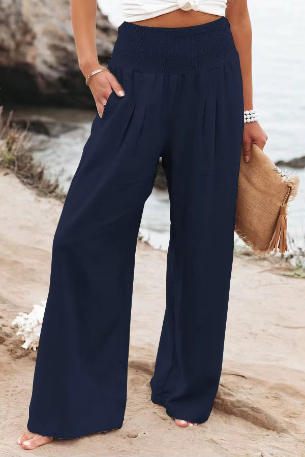 Damenhose mit gerafftem Bund, hoher Taille und weitem Bein, locker und fließend geschnitten