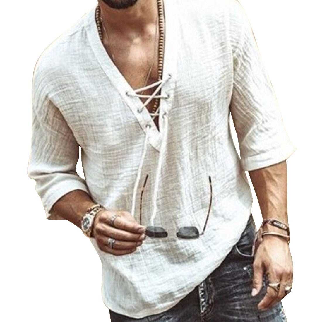 Men's Lace-Up V-Neck Casual Shirt with Relaxed Fit