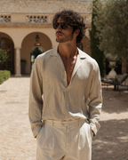Men's Relaxed Striped Linen-Blend Button-Up Shirt with Roll-Up Sleeves and Coastal Casual Fit