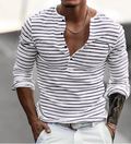 Herren Langarm Gestreiftes Henley-Shirt mit Knopfleiste für Freizeit