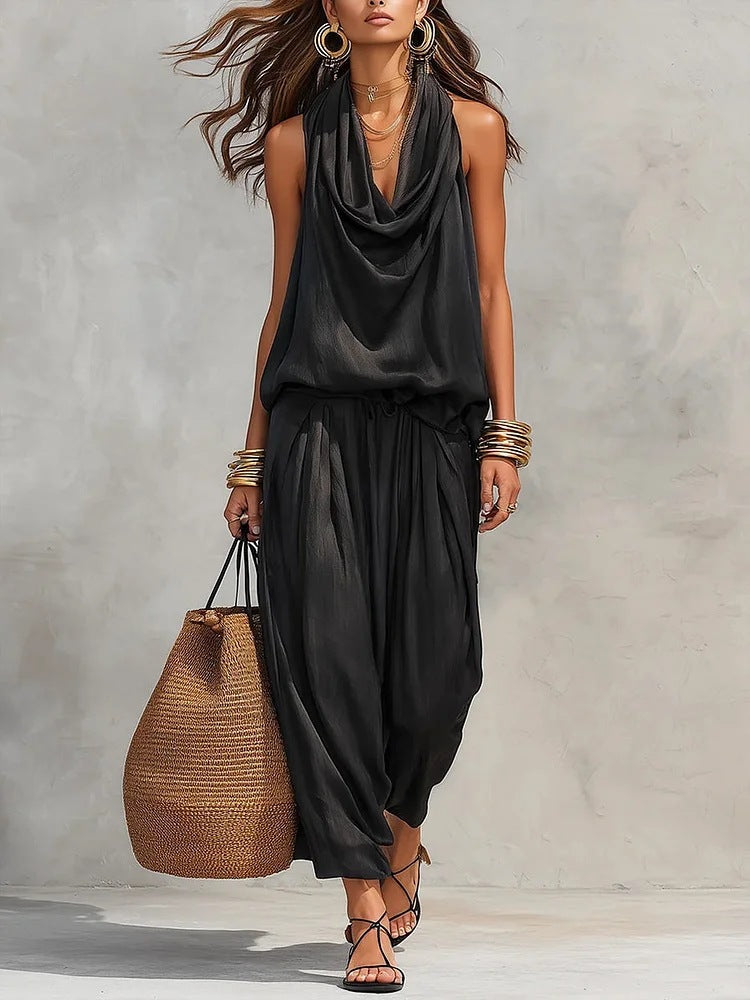 Women's Draped Sleeveless Top and Wide-Leg Pants Set