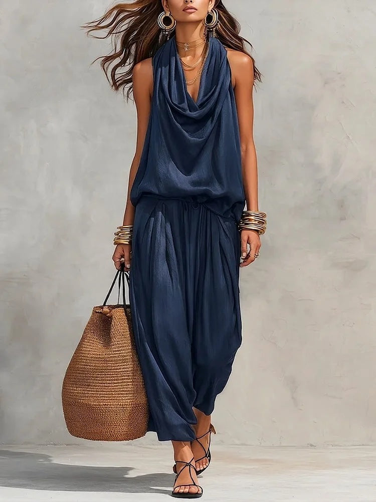 Women's Draped Sleeveless Top and Wide-Leg Pants Set