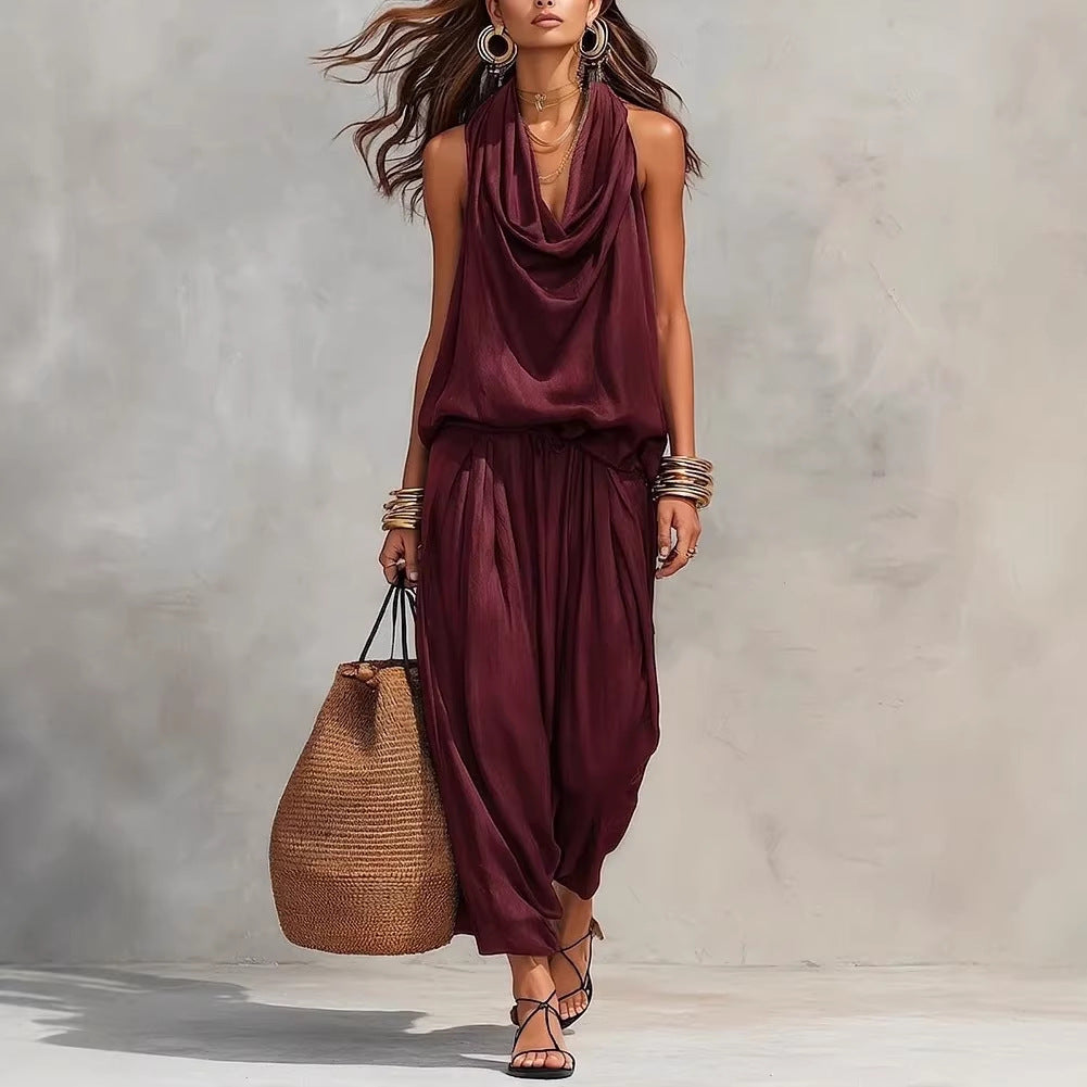 Women's Draped Sleeveless Top and Wide-Leg Pants Set