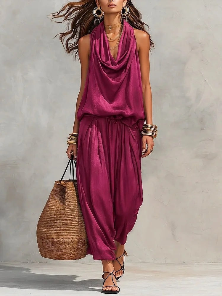 Women's Draped Sleeveless Top and Wide-Leg Pants Set