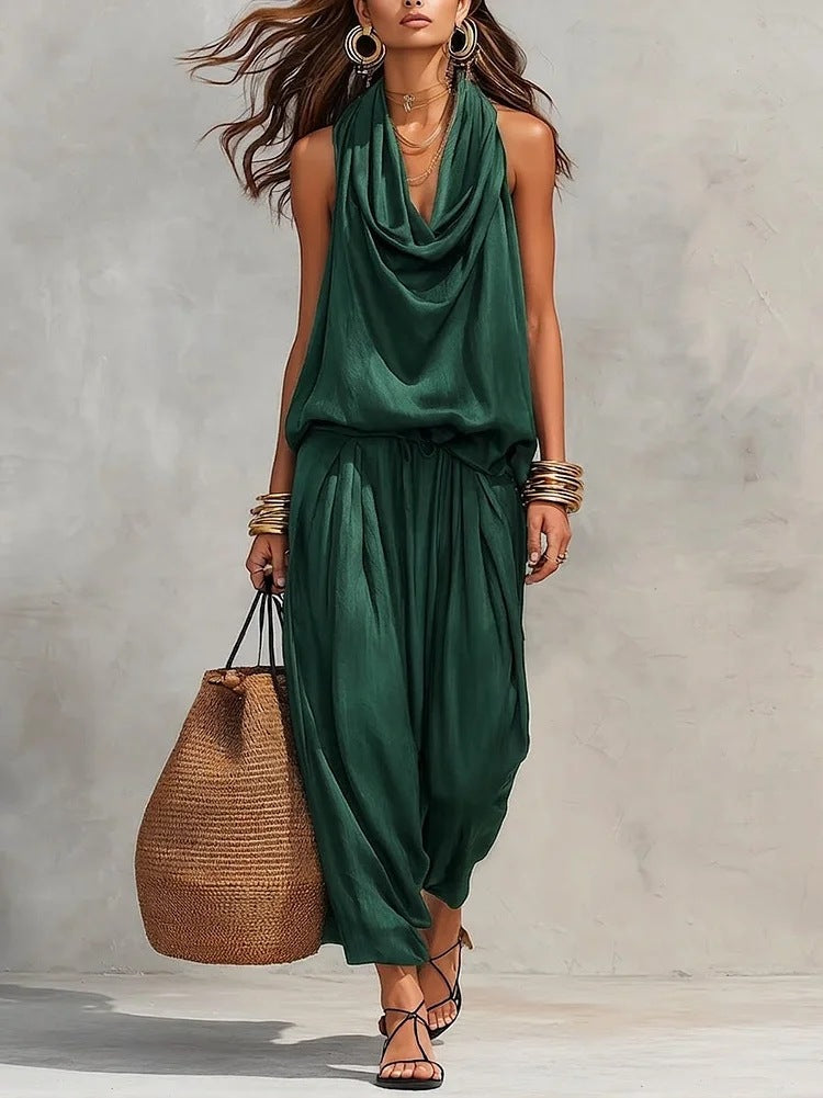 Women's Draped Sleeveless Top and Wide-Leg Pants Set