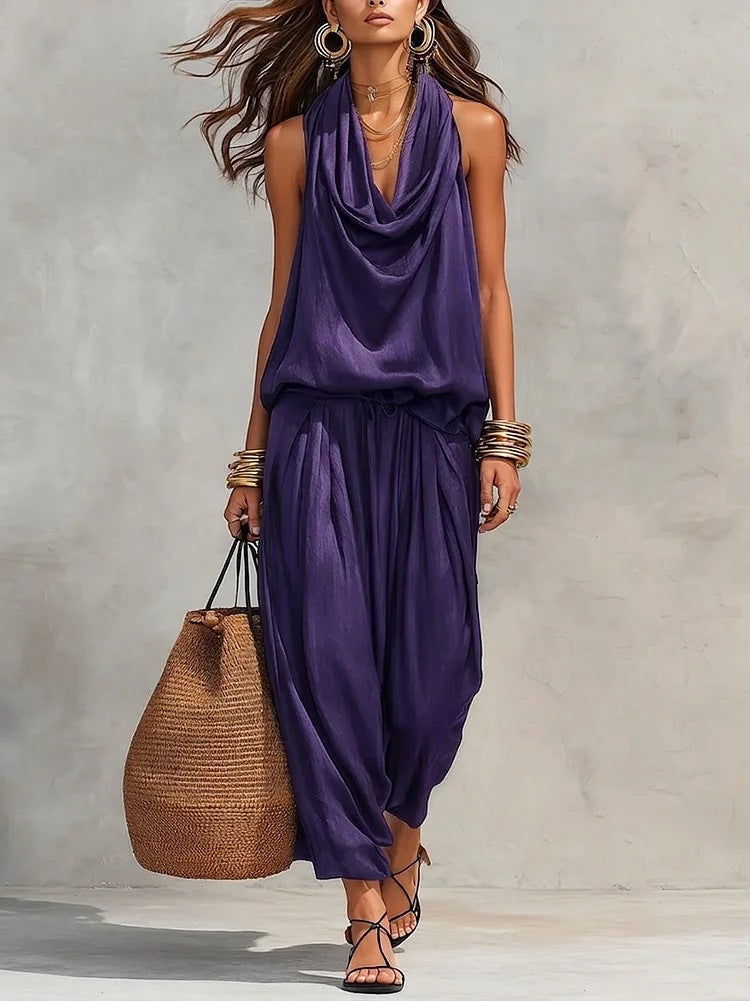 Women's Draped Sleeveless Top and Wide-Leg Pants Set