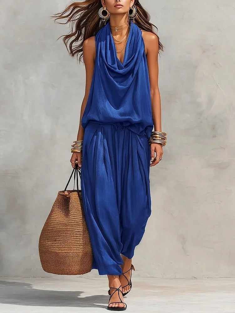 Women's Draped Sleeveless Top and Wide-Leg Pants Set