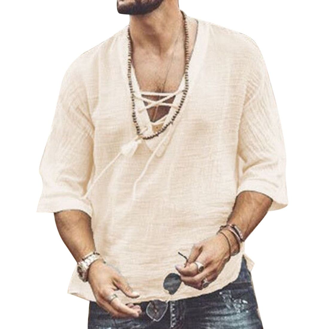 Men's Lace-Up V-Neck Casual Shirt with Relaxed Fit