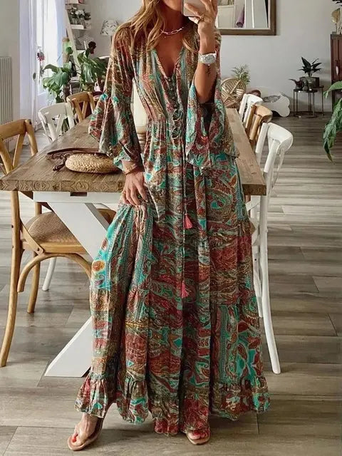 Maxikleid für Damen mit Paisley-Muster und ausgestellten Ärmeln für alltägliche Eleganz