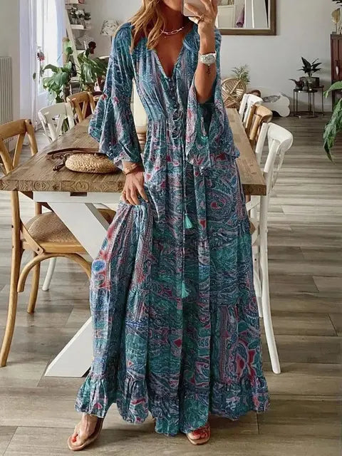 Maxikleid für Damen mit Paisley-Muster und ausgestellten Ärmeln für alltägliche Eleganz