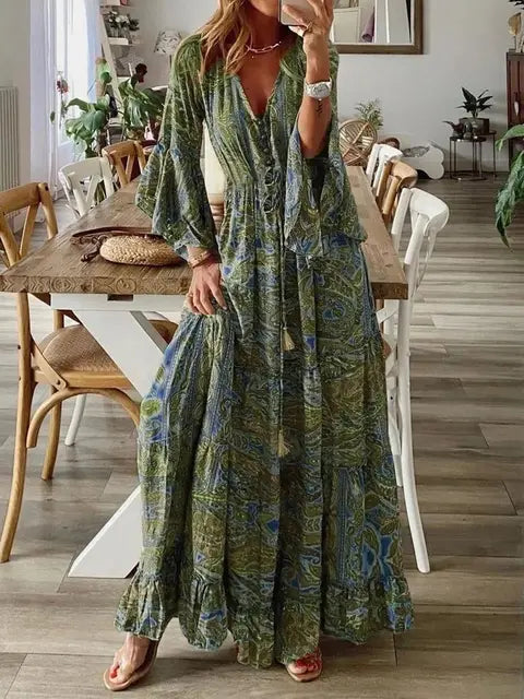 Maxikleid für Damen mit Paisley-Muster und ausgestellten Ärmeln für alltägliche Eleganz