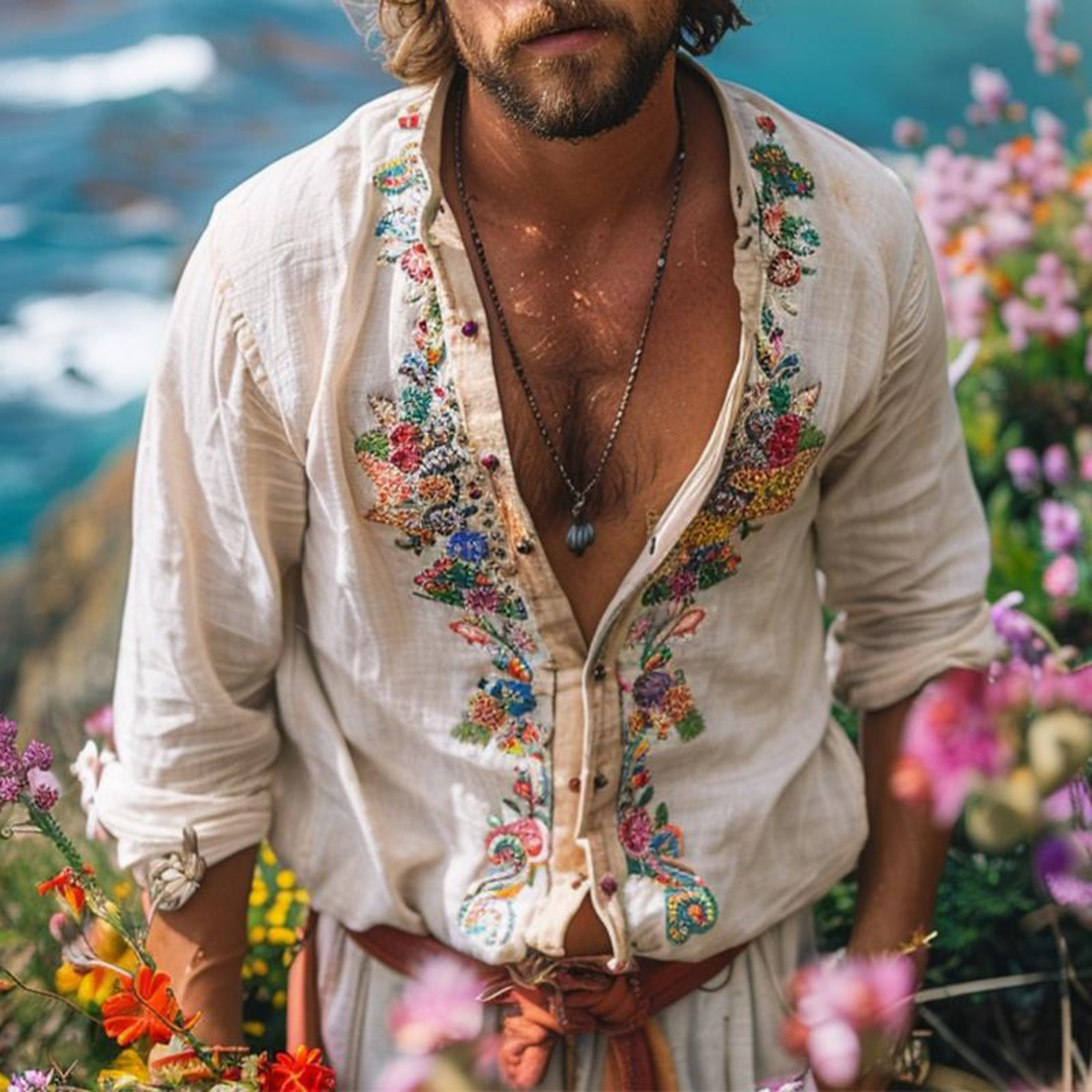 Men's Embroidered Bohemian Shirt with Relaxed Fit and Artistic Floral Detailing