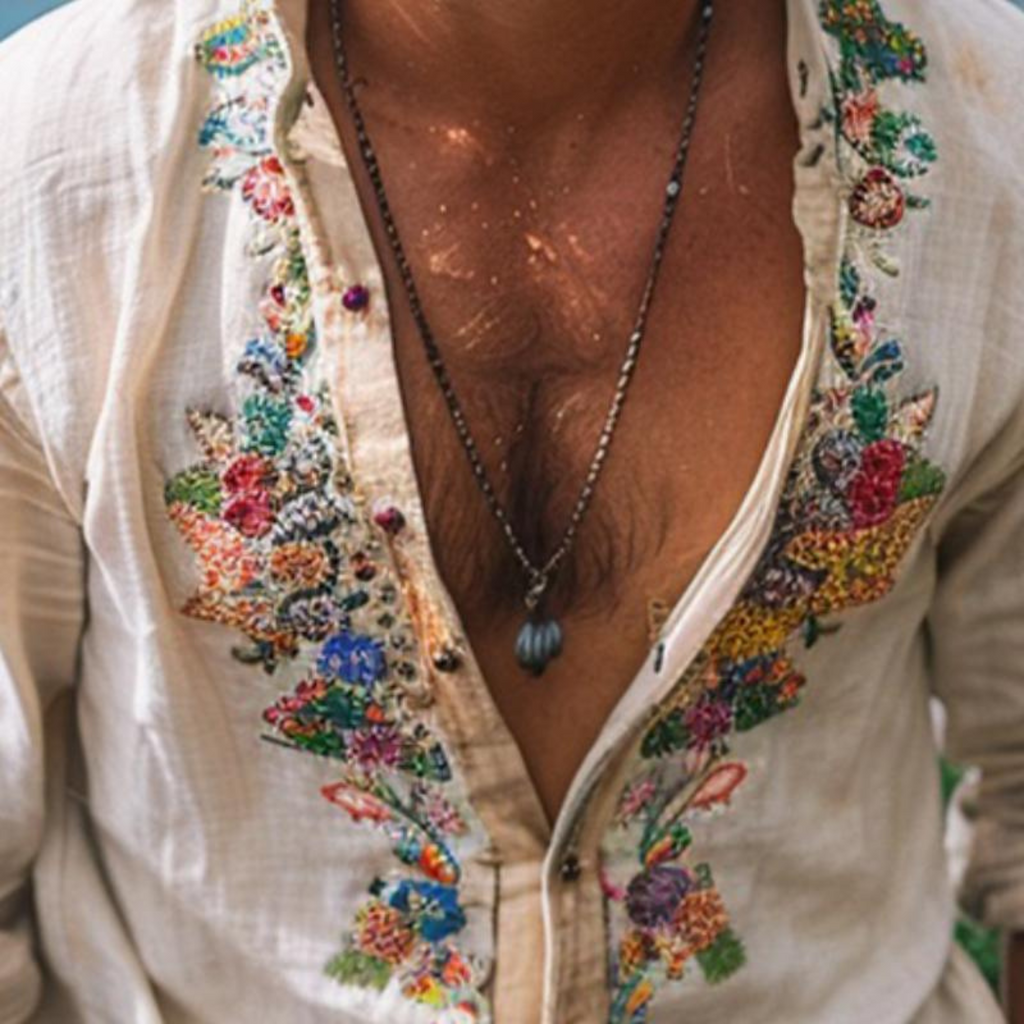 Besticktes Herren-Bohemienhemd mit lockerem Schnitt und künstlerischen Blumenmotiven