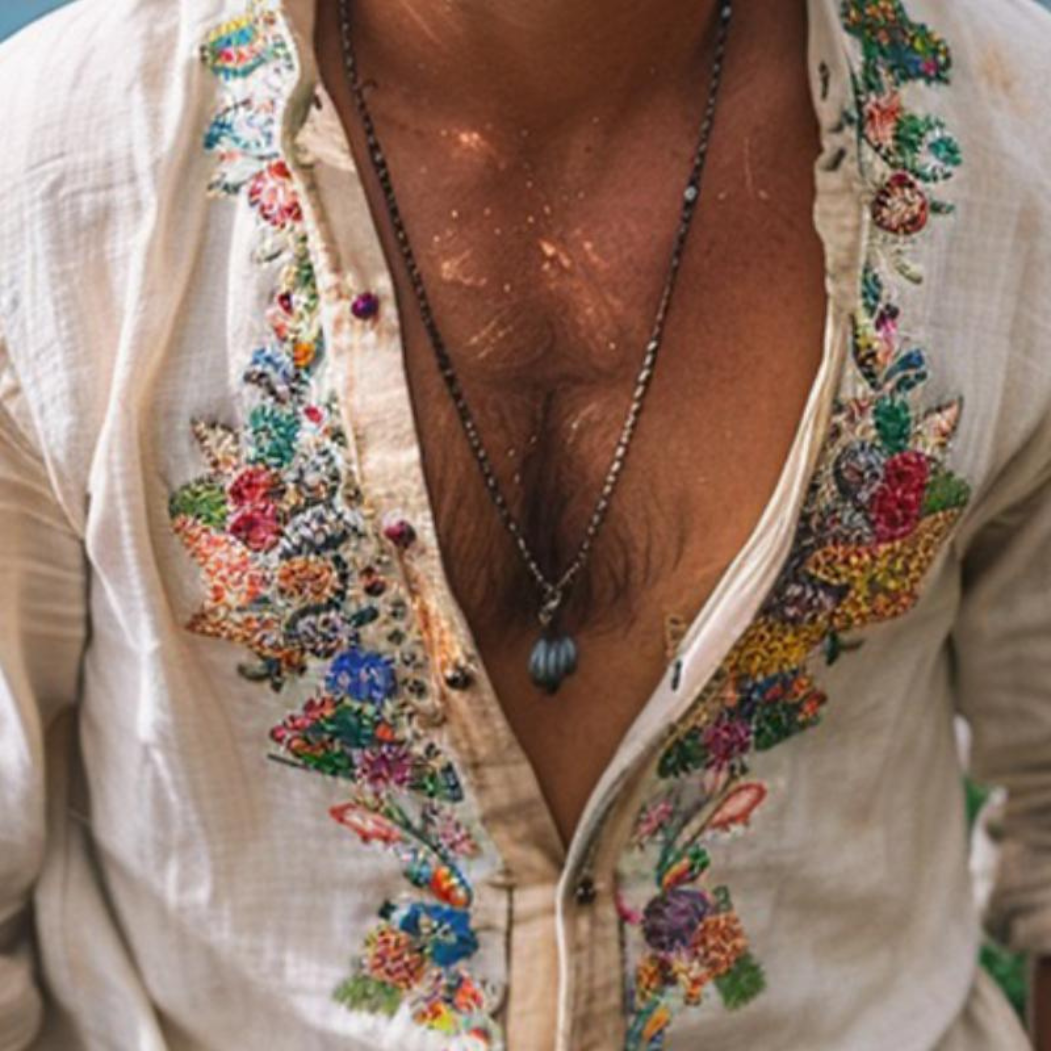 Men's Embroidered Bohemian Shirt with Relaxed Fit and Artistic Floral Detailing