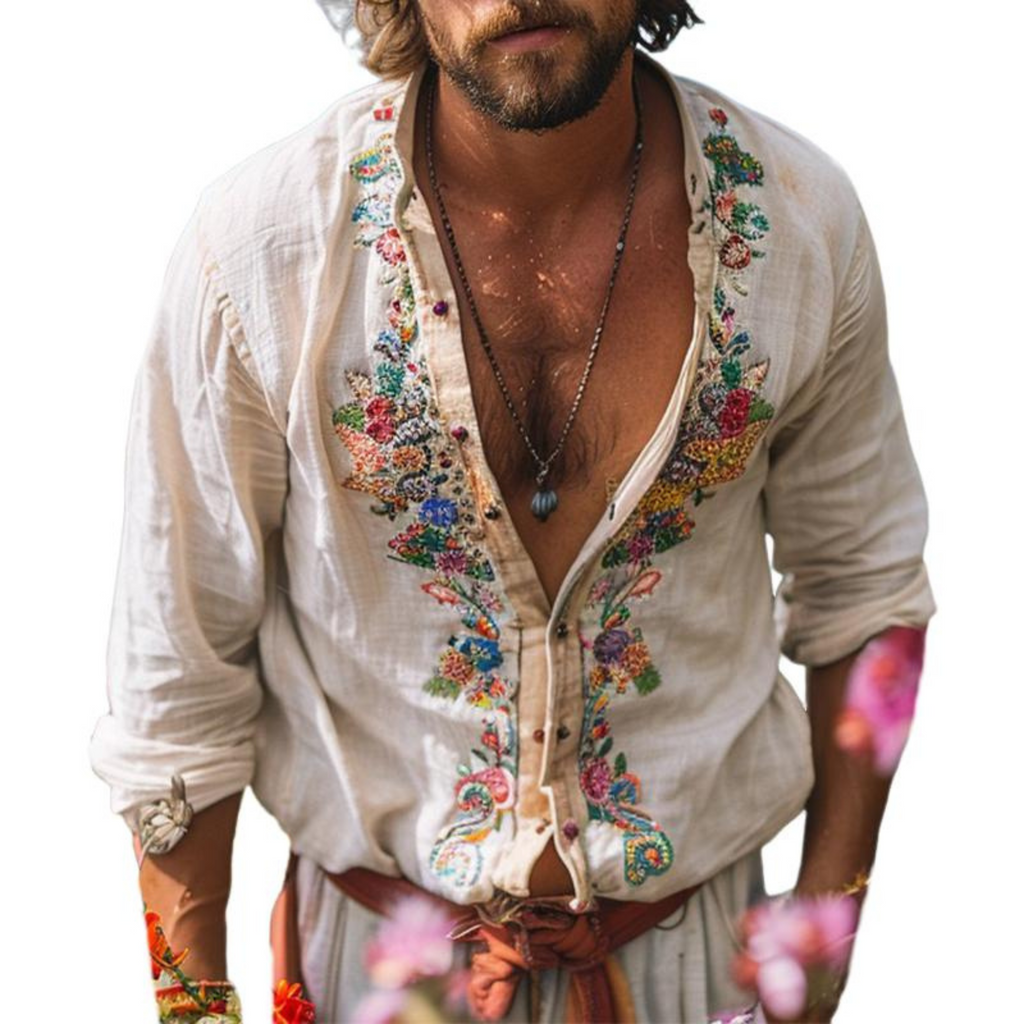 Besticktes Herren-Bohemienhemd mit lockerem Schnitt und künstlerischen Blumenmotiven