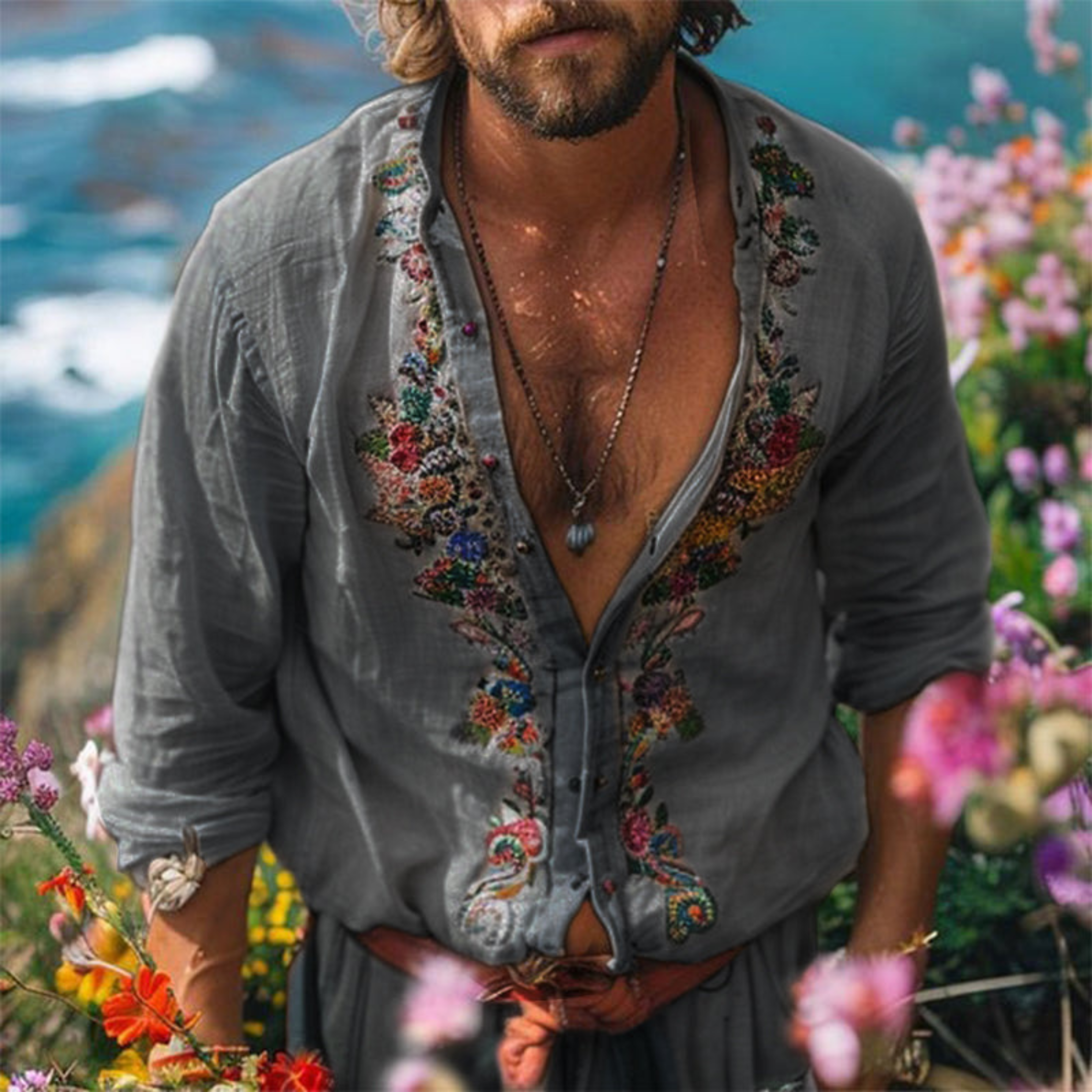 Men's Embroidered Bohemian Shirt with Relaxed Fit and Artistic Floral Detailing