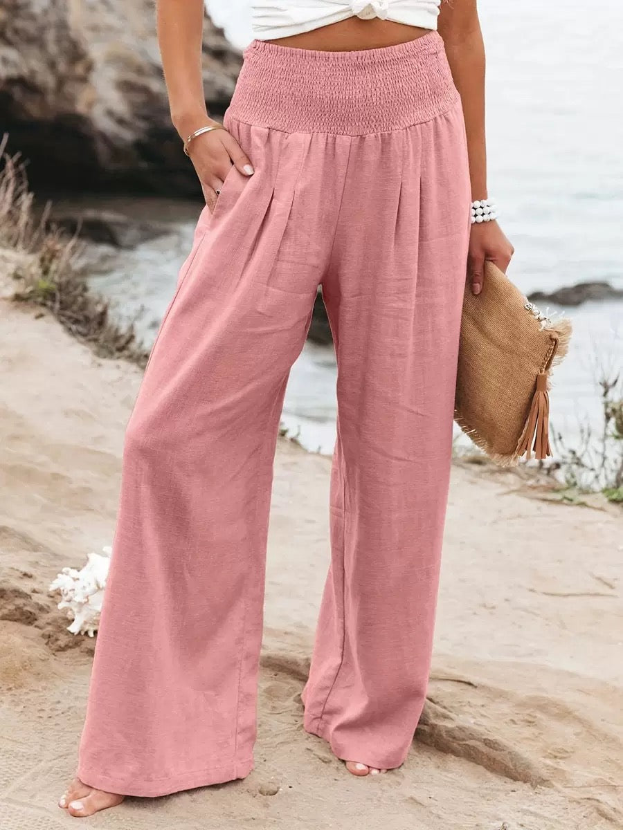 Damenhose mit gerafftem Bund, hoher Taille und weitem Bein, locker und fließend geschnitten