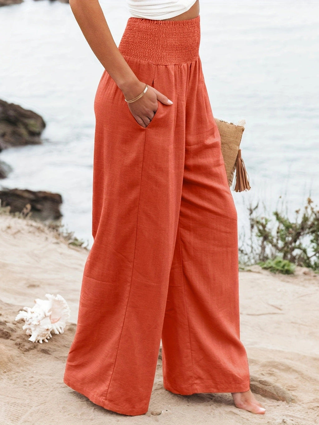 Women's Smocked High-Waist Wide Leg Trousers with Flowy Relaxed Fit