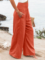 Women's Smocked High-Waist Wide Leg Trousers with Flowy Relaxed Fit