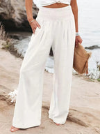 Women's Smocked High-Waist Wide Leg Trousers with Flowy Relaxed Fit