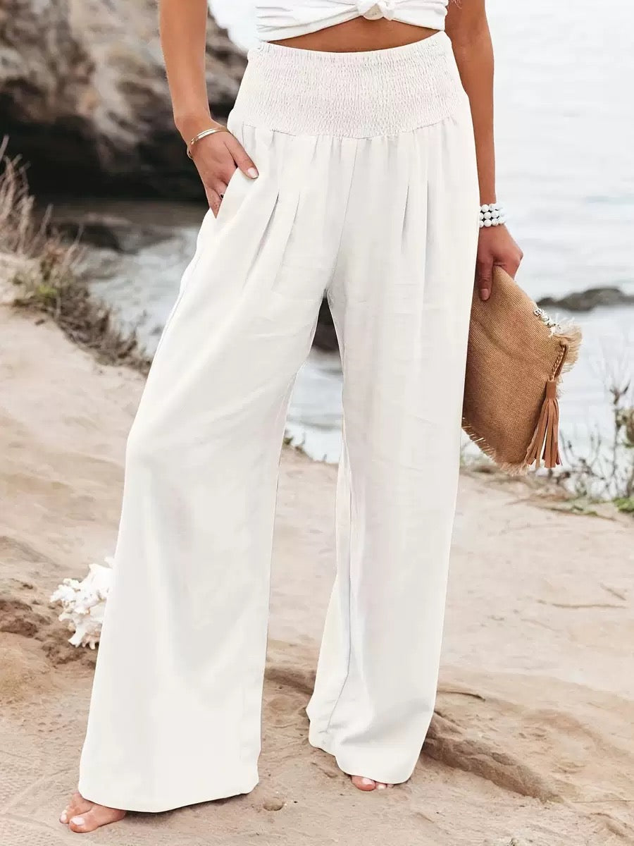 Women's Smocked High-Waist Wide Leg Trousers with Flowy Relaxed Fit