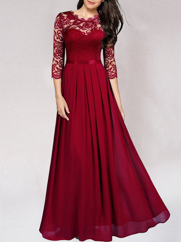 Damen elegantes Spitzen-Maxikleid mit fließendem Rock und raffinierter Passform
