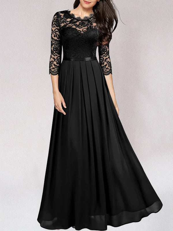 Women Elegant Lace Maxi Dress with Flowing Skirt and Refined Fit