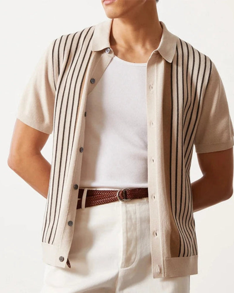 Men's Retro Vertical Striped Knit Polo Cardigan with Button Front and Tailored Resort Fit