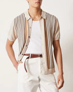 Men's Retro Vertical Striped Knit Polo Cardigan with Button Front and Tailored Resort Fit