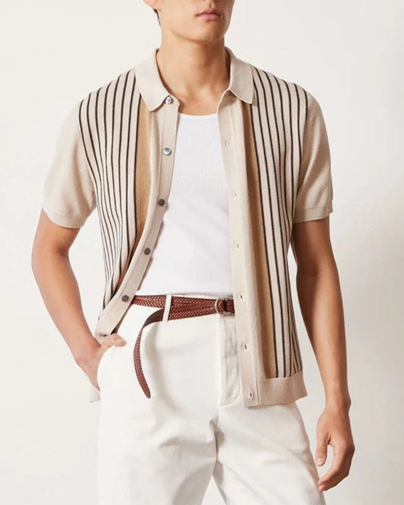 Men's Retro Vertical Striped Knit Polo Cardigan with Button Front and Tailored Resort Fit