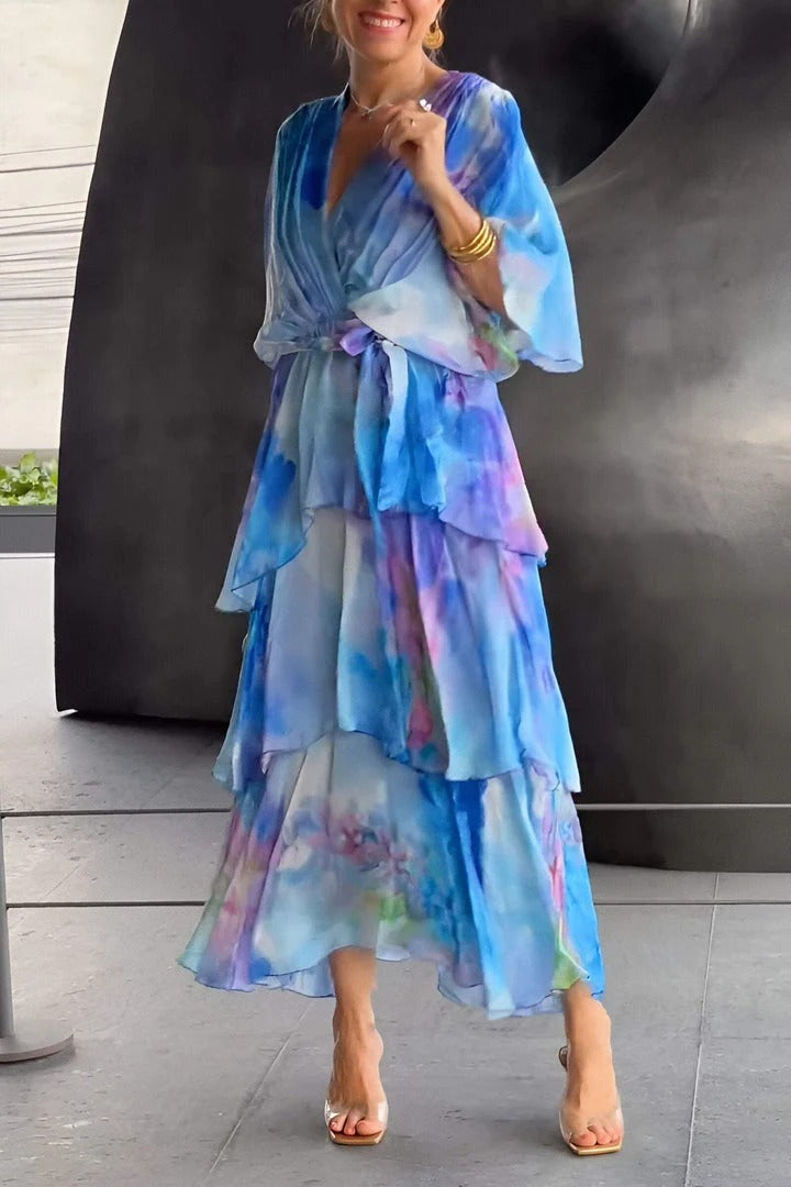 Women's Watercolour Print Layered Maxi Dress with Flowing Chiffon Silhouette