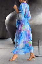 Women's Watercolour Print Layered Maxi Dress with Flowing Chiffon Silhouette