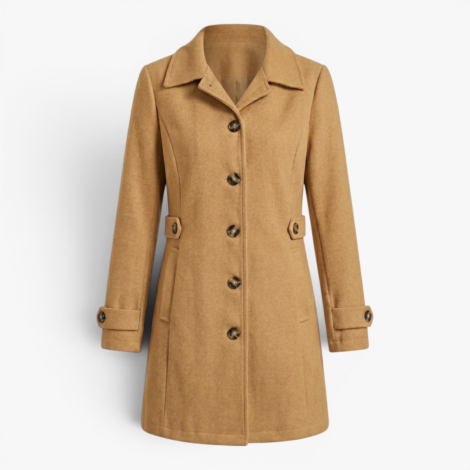 Women's Tailored Button-Front Waist-Cinched Longline Coat Jacket