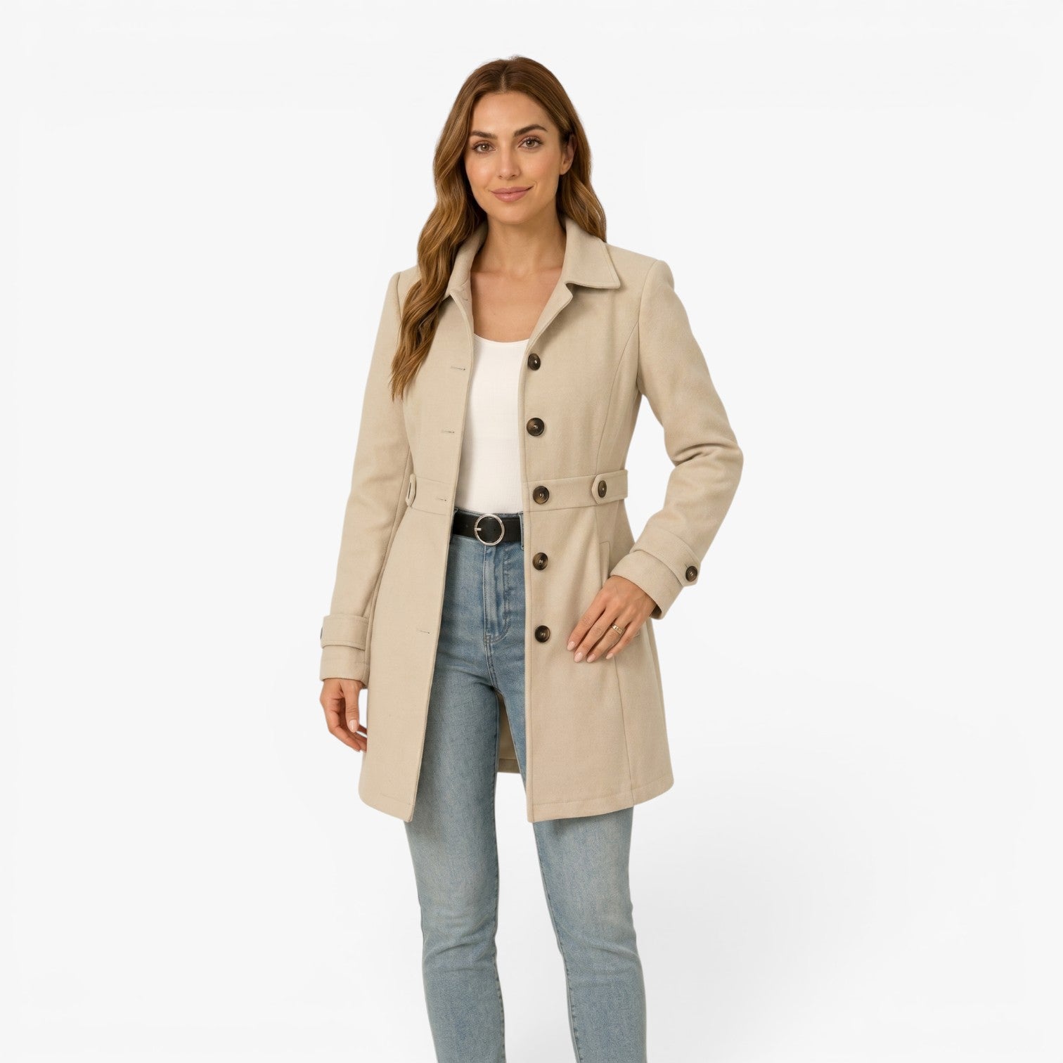 Women's Tailored Button-Front Waist-Cinched Longline Coat Jacket