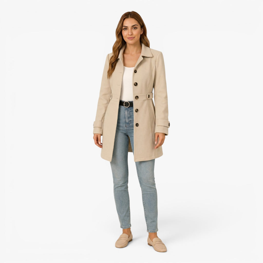 Women's Tailored Button-Front Waist-Cinched Longline Coat Jacket