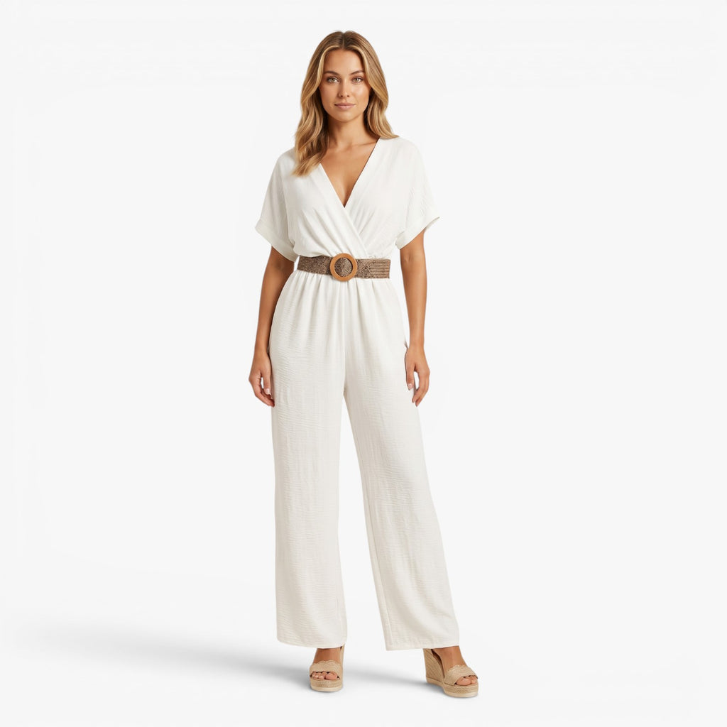 Women's Belted V-Neck Wide Leg Jumpsuit