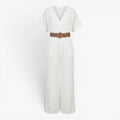 Damen Jumpsuit mit Gürtel, V-Ausschnitt und weitem Bein